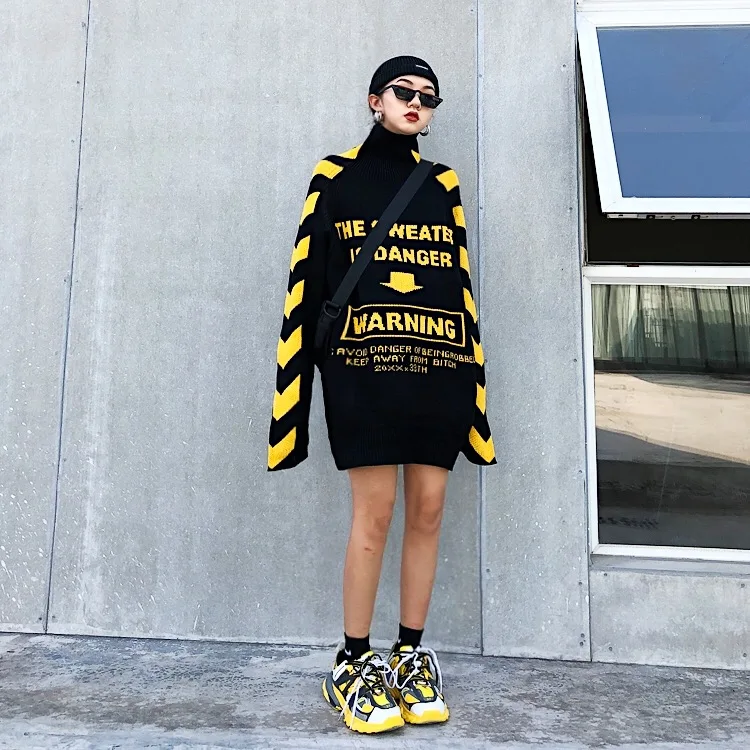 Lovers sweater BF Guochao Street arrow stripes loose oversize knock cool wear high collar knitting on both sides sweaters | Женская