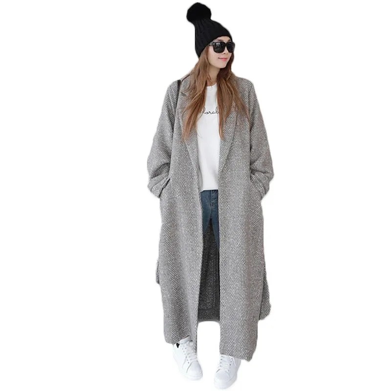 

Loose Autumn Winter Wool Trench Coat For Women Casual Striped Vintage Woolen Coat Long Windbreaker Cardigans Split Casaco LQ322