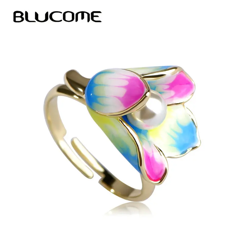 Женское кольцо с эмалью Blucome фиолетовое регулируемое искусственным жемчугом