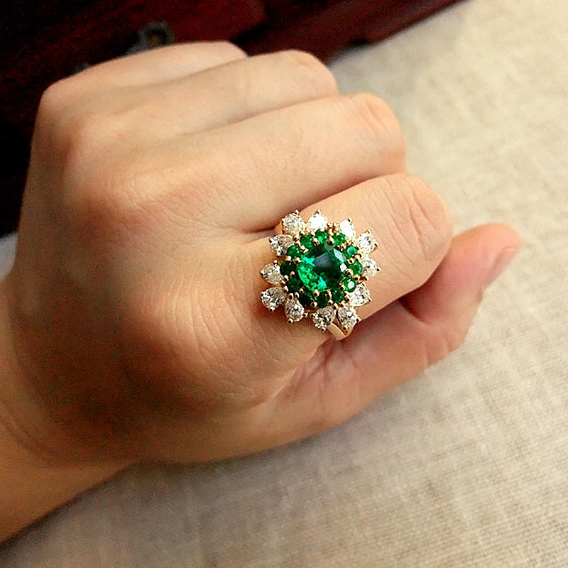 1.5ct AAA лабораторное созданное колумбийский изумруд овальное кольцо с гравировкой Настоящее Твердое 18 к желтое золото боковая груша Муассанит кольцо для женщин