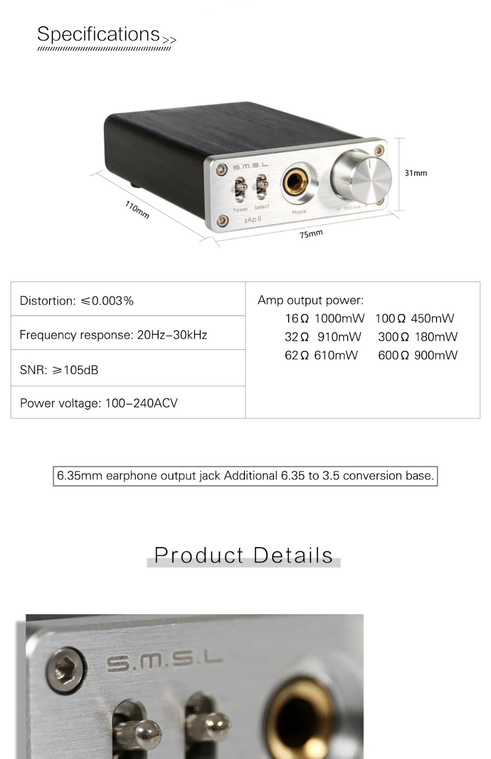 SMSL SAP II портативный усилитель для наушников TPA6120A2 большая мощность HiFi Fidelity стерео усилитель для наушников с 2 способами переключения входов