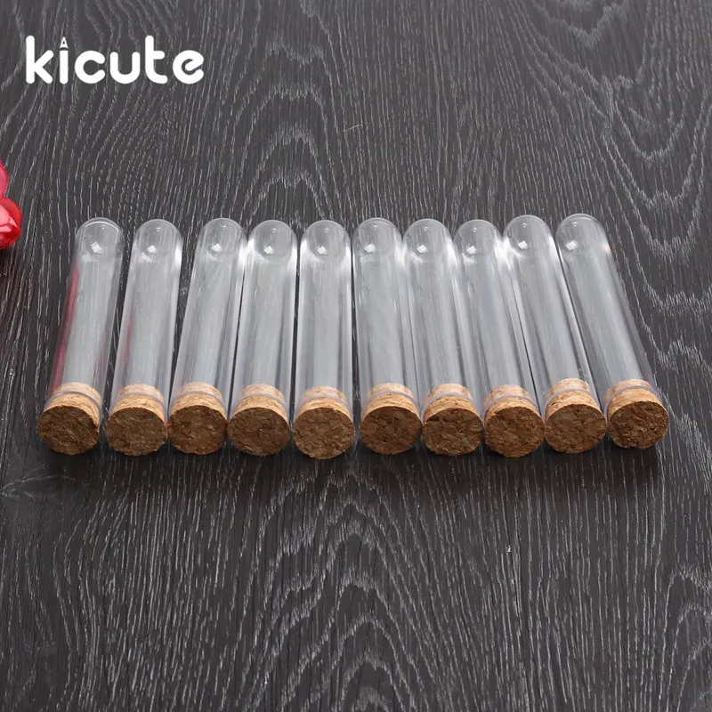 Kicute 10 шт./лот, 18x100 мм, прозрачная пластиковая пробирка с пробковой пробкой, круглое дно, школьные лабораторные учебные принадлежности