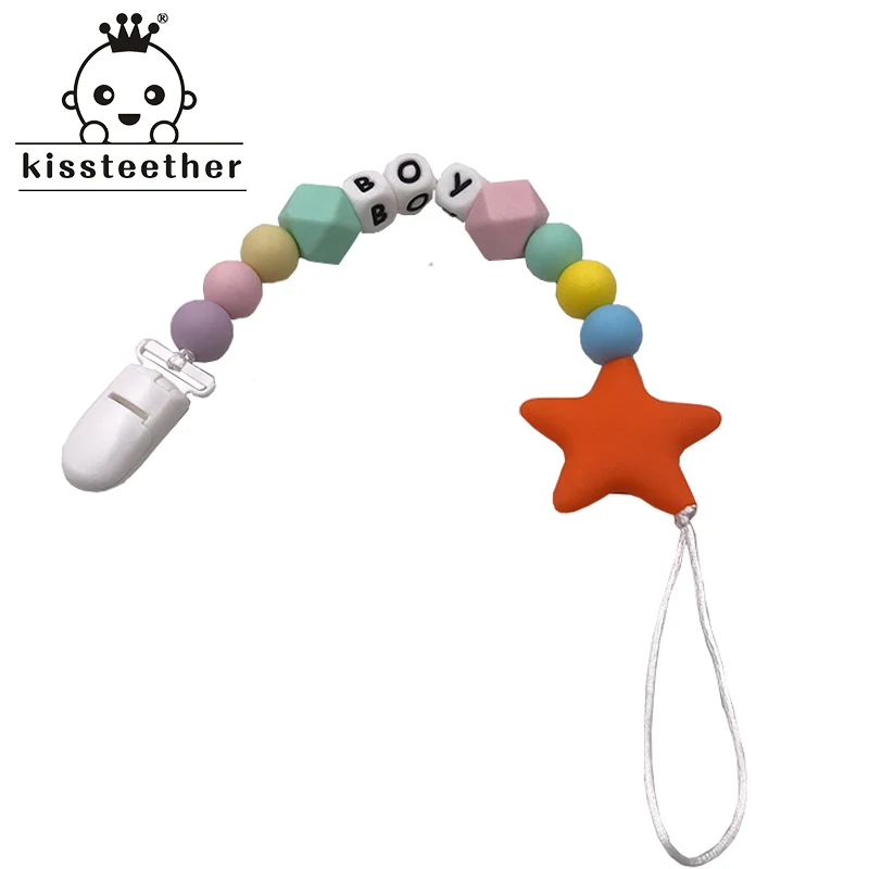 Soporte de cadena de chupete de silicona para beb&eacute;, productos de dentici&oacute;n, nombre personalizado, cuentas de silicona, estrella, mordedor, regalo de Ducha-0