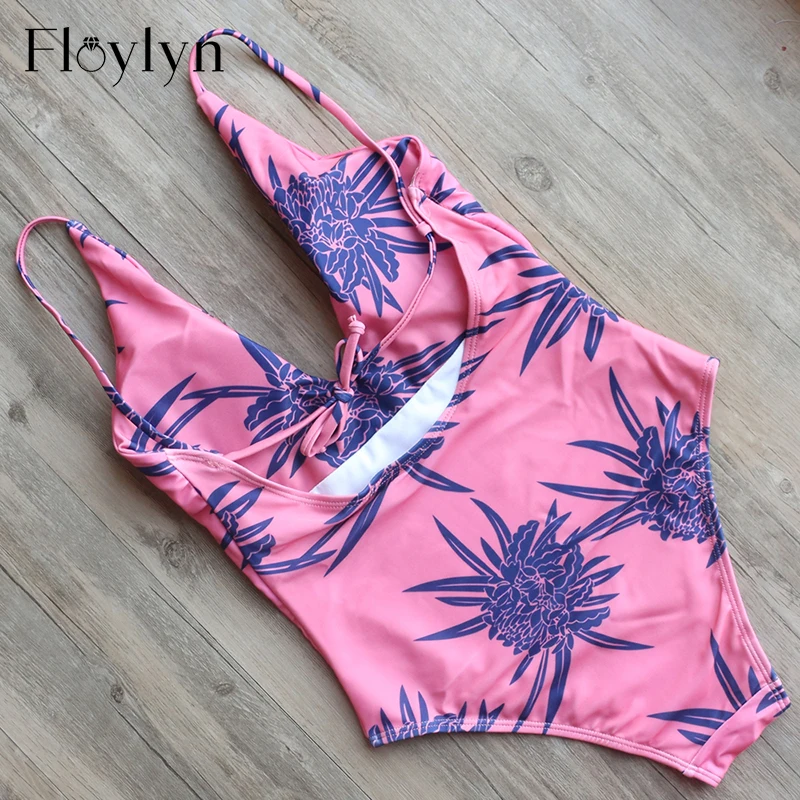 Floylyn цветочный принт роза Классический женский слитный купальник с пуш-ап