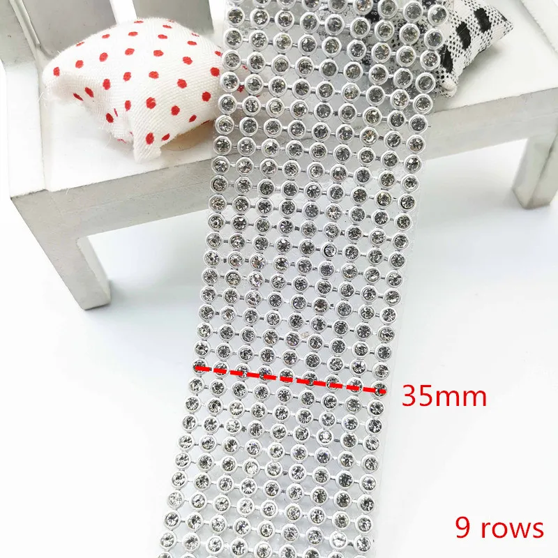 Silver 9 rows Стеклянные стразы+ серебро, алюминиевые стразы, сетчатая отделка, горячая фиксация для украшения свадебного платья DIY - Цвет: Silver 9 rows