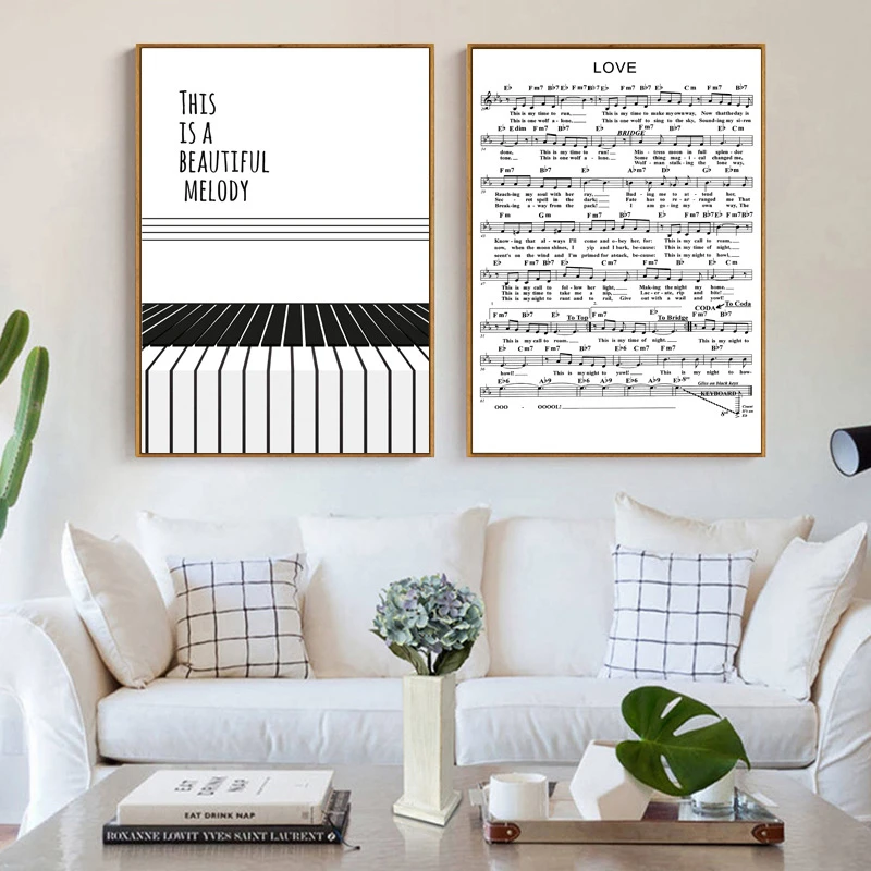 Скандинавские черно-белые нотки Музыка Фортепиано Ключ Холст Картина ПЕЧАТЬ