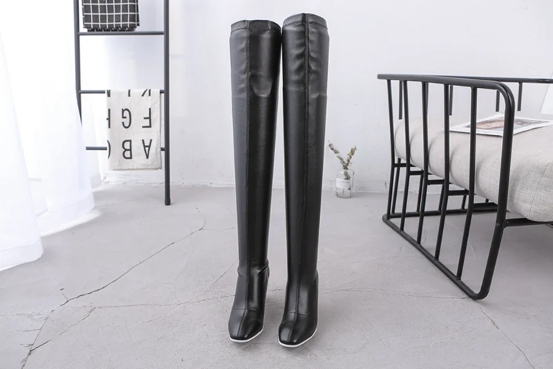 REAVE CAT NeW Women Thigh High Boots clear thick high heels PU leather slim leg over the knee boots long booties