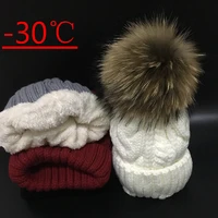 2021 womens hats add velvet fleece inside beanies winter hats for women 100 raccoon fur pompom hat female twist pattern caps