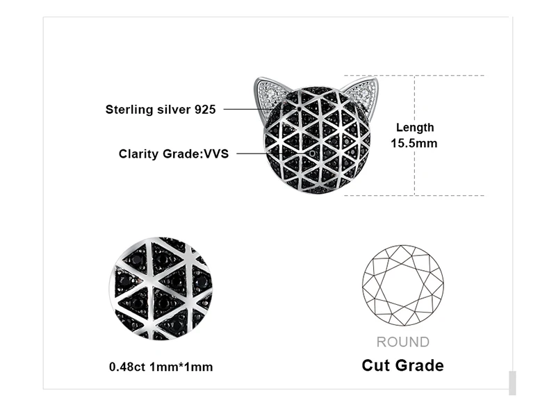 JewelryPalace Genuine Black Spinel Cubic Zirconia Cat Face Pendant Without Chain 925 Sterling Silver Pendants Necklaces Without