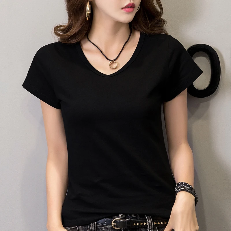 Белый v образным вырезом футболка s женские с короткими рукавами 2019 Новые Топы