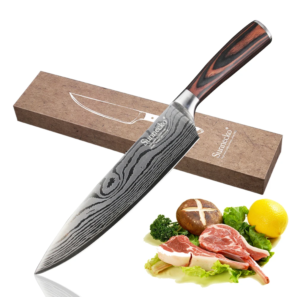 

SUNNECKO 8" Chef Knife Stainless Steel Kitchen Knives Sanding Blade Laser Pattern Sharp Knife Pakka Wood Handle Meat Cutter Tool