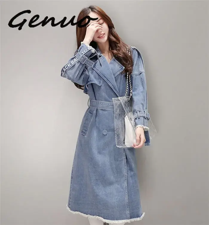 Women's Trench Coat spring Waist Denim Windbreaker Fashion Full Sleeve Outwear Printed Female Long Denim Coat Loose Big Size