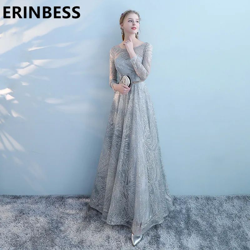 vestido de festa с глубоким круглым декольте расшитые бисером блестящий длинный рукав серебряные Выпускные платья ТРАПЕЦИЕВИДНОЕ Тюлевое вечернее платье - Цвет: same as picture