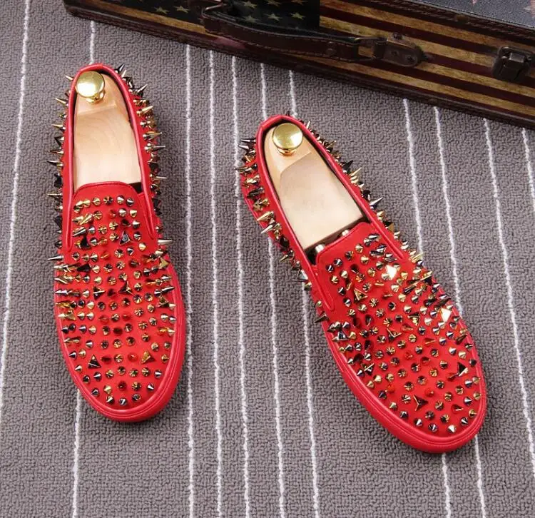 

Handmade men's shoes black nubuck leather with Gold rivets Fashion style men's loafers men's red black bottom flats