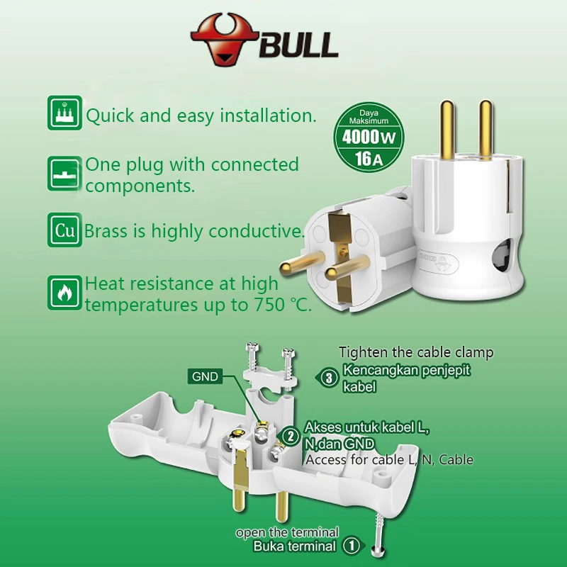 Штепсельная Вилка BULL EU 16 А 250 В 1 шт. штепсельная розетка Европейского адаптера