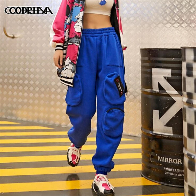 

Multi-pocket Cargo Pants Women Streetwear Elastic Waist Trouser Cotton Fitness femme Women Sporting leisure skateboard pants