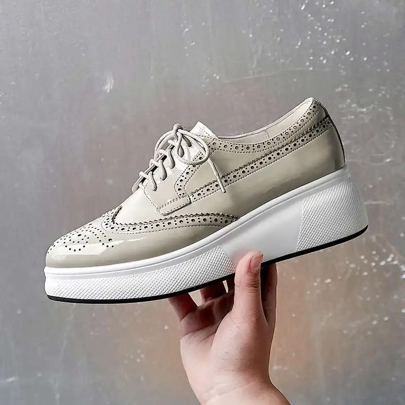 light gray Lenkisen/дышащие кроссовки на шнуровке с острым носком; Классическая обувь с перфорацией типа «броги» на высокой подошве из натуральной кожи; Вулканизированная обувь; L9f6 - Цвет: light gray