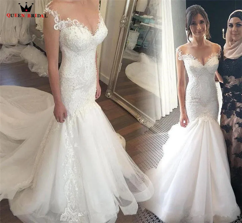 

Charming Custom Size Mermaid Long Train Lace Tulle Beads Pearls Crystal Sexy Wedding Dresses Vestido De Noiva KB03