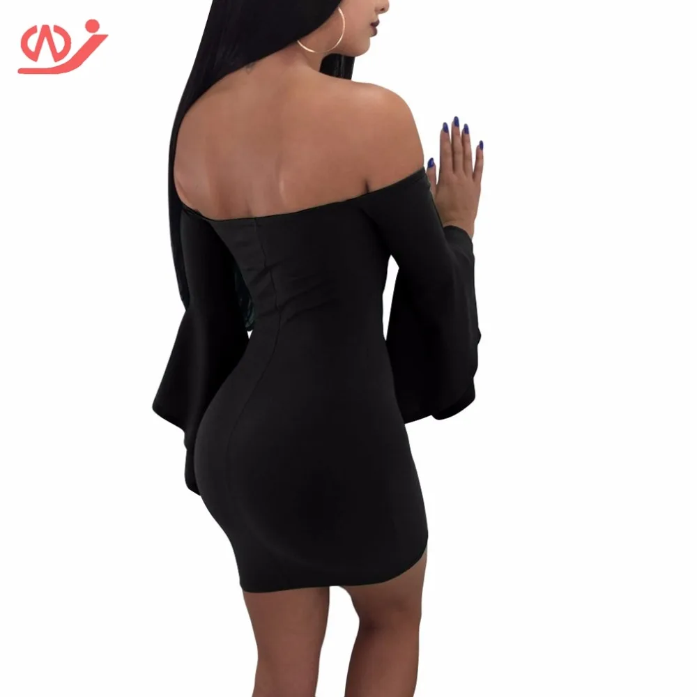 Для женщин Off Shoulder Bell Sleeve рюшами Bodycon Платья вечерние платье миди | Женская одежда