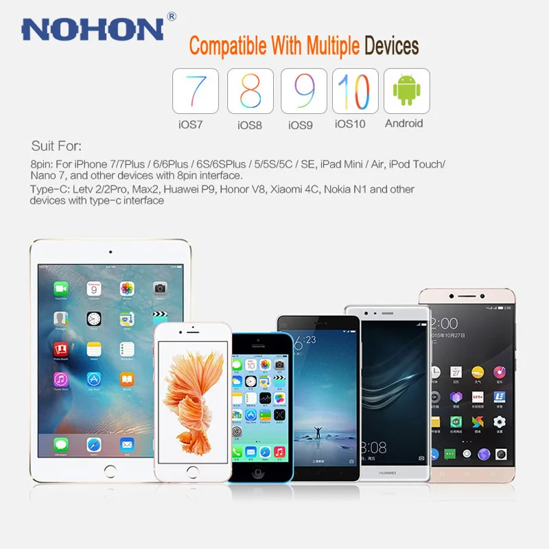 Оригинальный USB кабель NOHON 2 в 1 8Pin Type C Micro для iPhone 7 6 6S Plus iPad iPod Samsung Lenovo Nokia LG Android