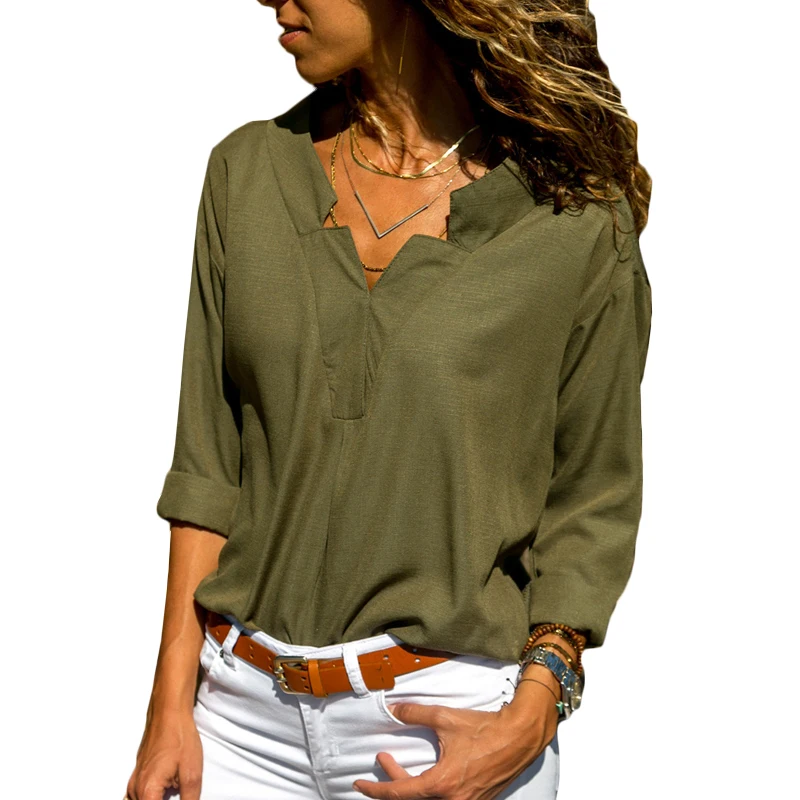 Women Tops Blouses 2019 Autumn Elegant Long Sleeve Solid V-Neck Black Chiffon Blouse Female Work Wear Shirts Blouse Plus Size