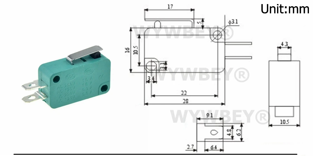 Микро-концевые выключатели 16A 250V 125V SPST 4,8 мм Ширина 2 шпильки нормально открытый 16 мм УФ-фильтр 52 мм с Arc Roller Lever сенсорный переключатель микропереключатель