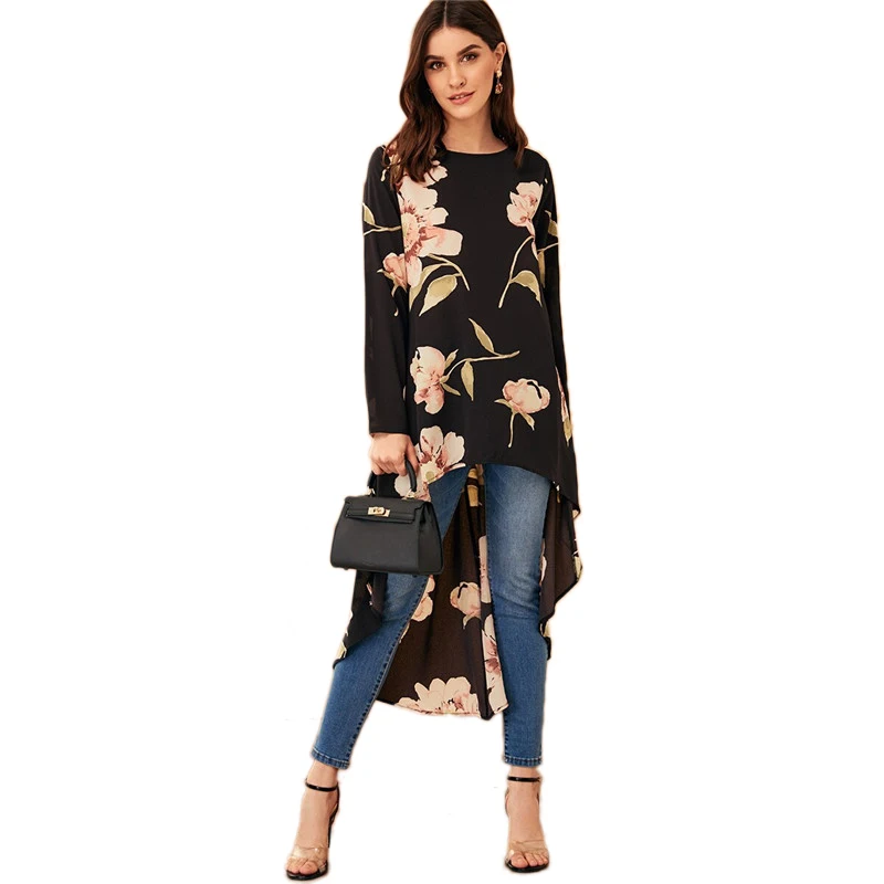 SHEIN, женская блузка с цветочным принтом и высоким низом,, черная, круглый вырез, длинный рукав, весна-лето, блузка, асимметричные женские топы
