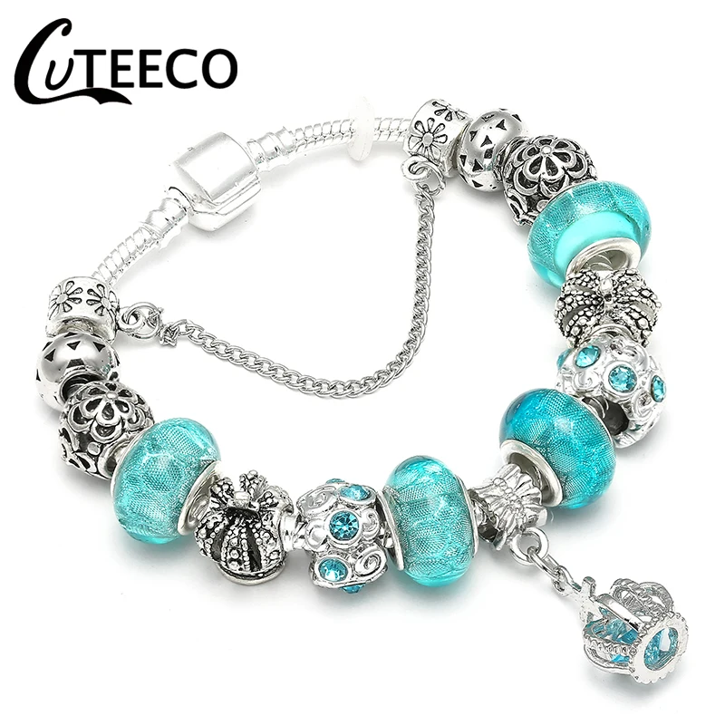 CUTEECO 2018 New European Lovers Trendy Jewelry Blue Crown Charm Bracelets &amp Bangles Beads fits Brand Femme | Украшения и