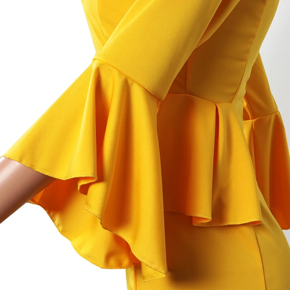 

Elegant Ruffles Solid Women Dress Casual Three Quarter Flare Sleeve O Neck Bodycon Dress Women Vintage Night Party Dress Vestido