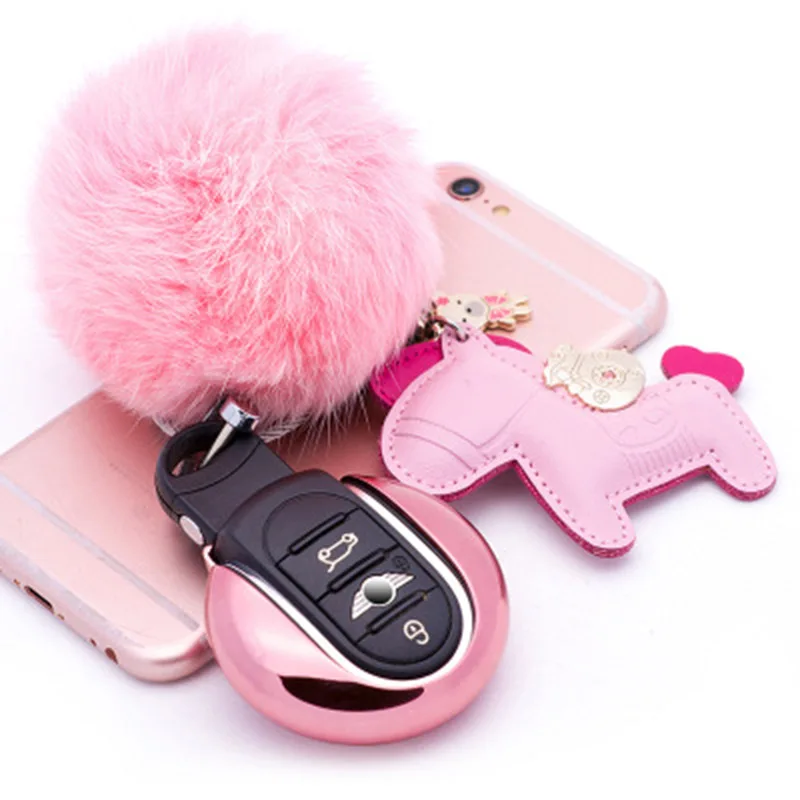 Pink Hair ball Pony Чехол для ключей от автомобиля, чехол для Mini Cooper JCW One S F54 F55 F56 F60, автомобильные аксессуары - Название цвета: Pink Hair ball Pony