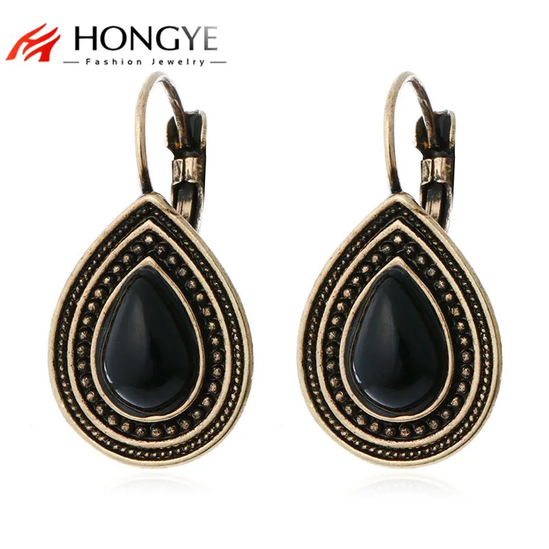 

Vintage retro clip-on earrings-black natural stone water droplets ladies party cheap earrings fashion jewelry accessories