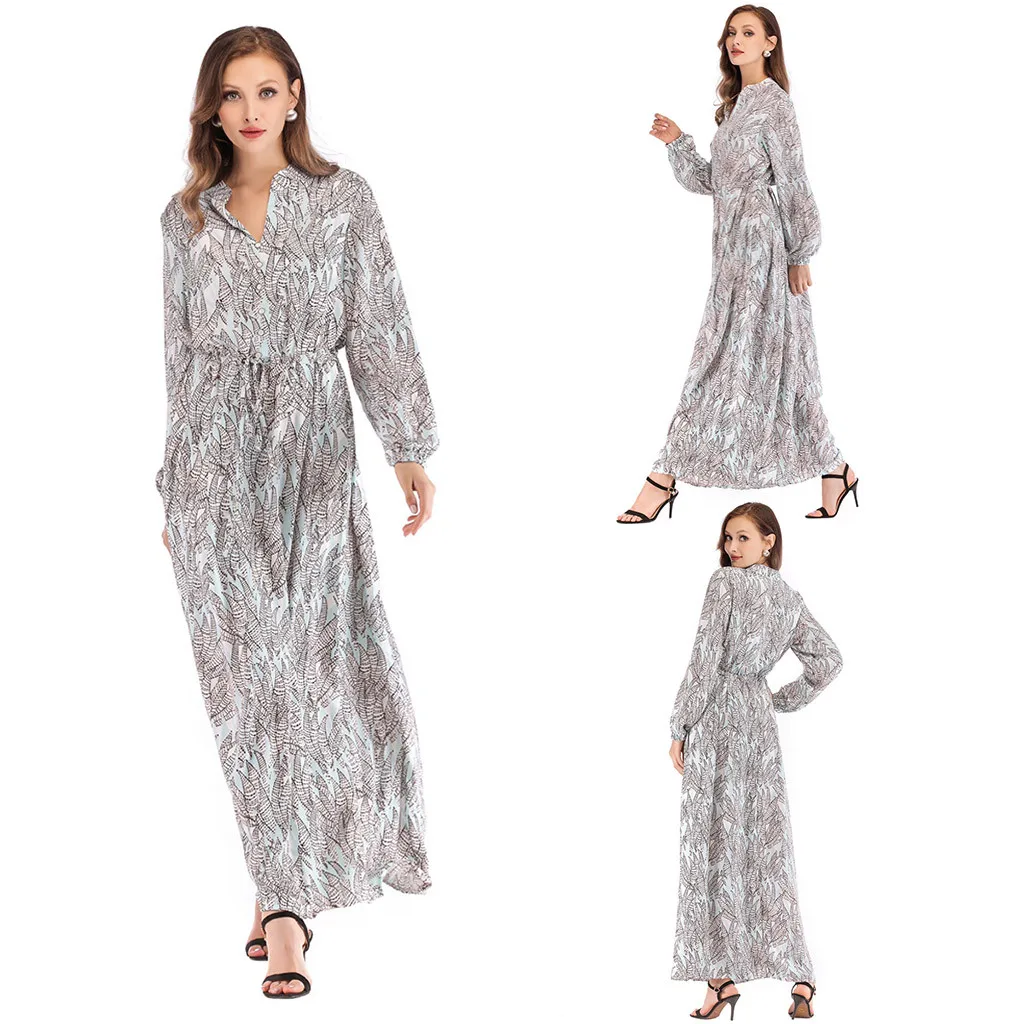 2019 абайя Дубай мусульманское платье женское с принтом Длинное Макси джилбаб