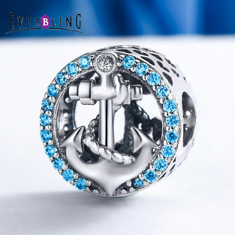 Everbling изделия якорь синий cz 100% стерлингового серебра 925 Шарм Бусины Fit Европейский