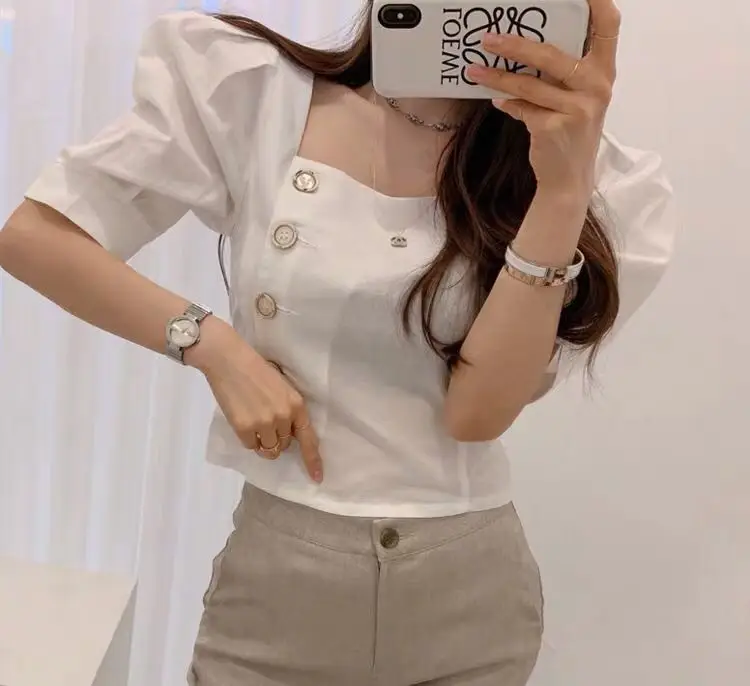 Белый RUGOD New Arrival Women Solid Slim Shirt Square Collar Half Puff Sleeves Single-breasted Blouse Korean Temperament Tops - Цвет: Белый