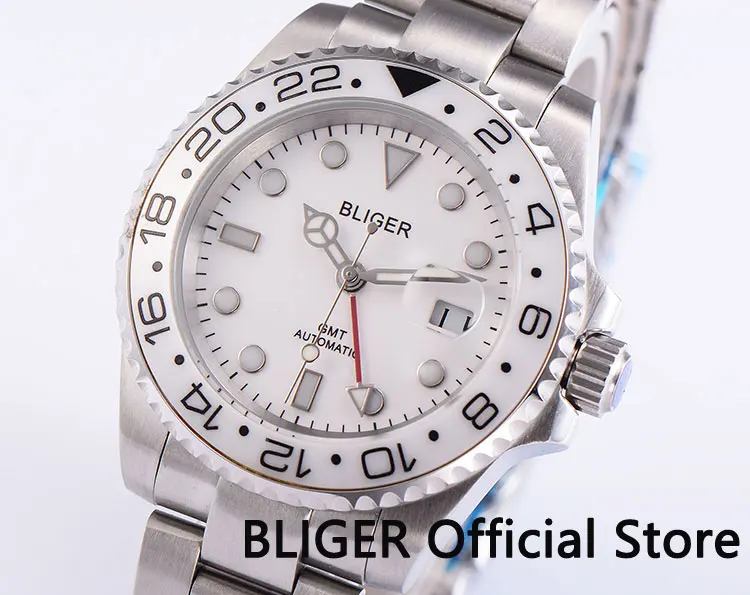 

Часы мужские BLIGER, с сапфировым стеклом, белый циферблат 43 мм, керамический вращающийся Безель, функция GMT, светящийся автоматический механиз...