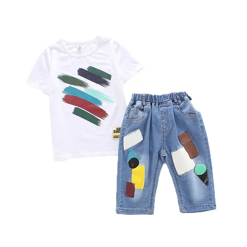Boys Summer Clothes Set 2019 Color Print T-shirts and Geommetric Jeans Shorts 2pcs for Kids Outfits 4 6 8 12Yrs |