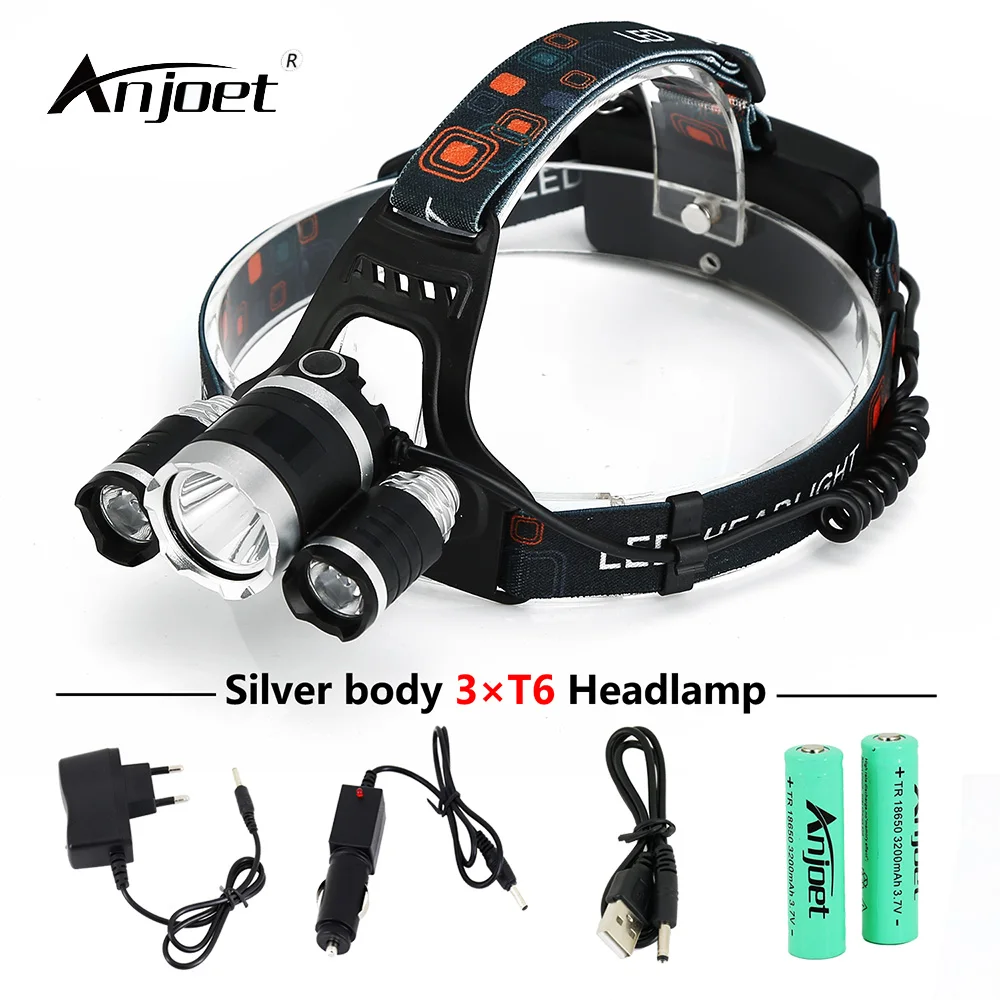 

ANJOET Silver body 3*T6 bicycle Headlamp 30W 3000 Lumen Headlight Torch XML-T6 fishing LED Head Lights 18650 Battery+Charger