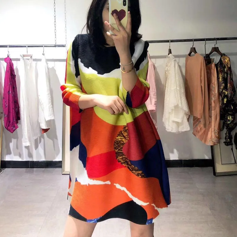 Changpleat Весна Новые принтованные женские футболки топы Miyak плиссированные Модные свободные женские футболки большого размера с круглым вырезом T9