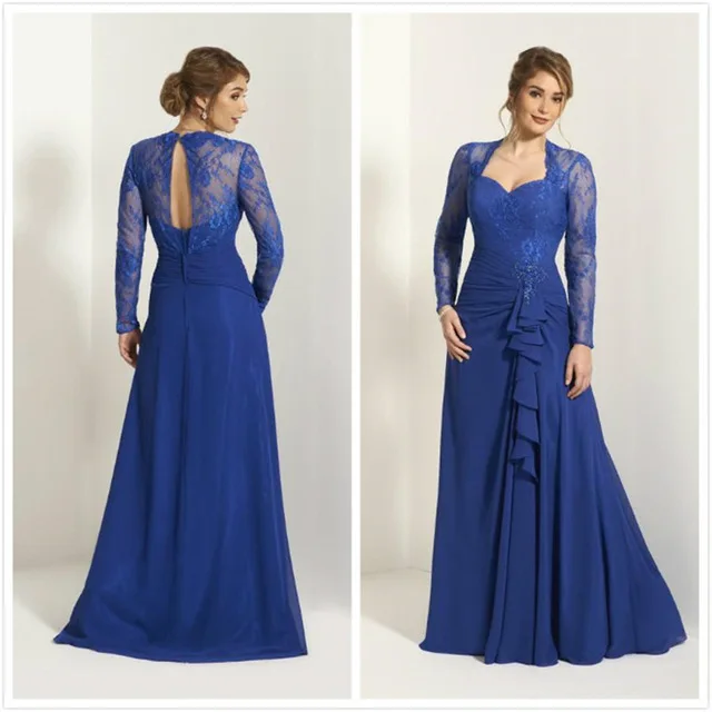 Элегантный royal blue мама невесты платье 2017 с длинным рукавом кружева шифон линии
