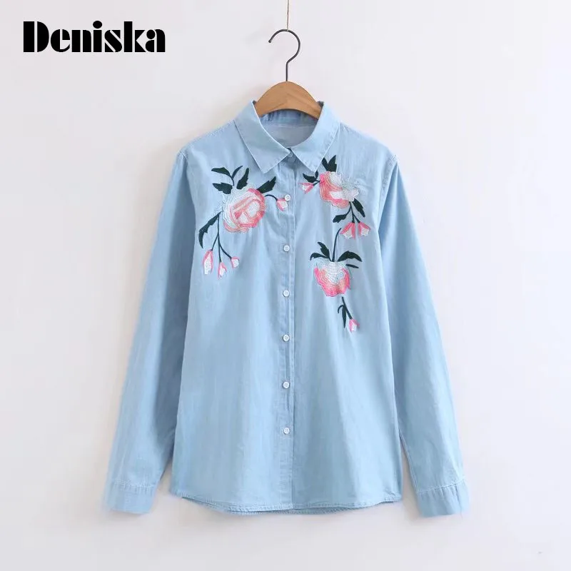 Винтаж цветочный Вышивка синие джинсы блузка рубашка Для женщин 2017 Новая мода