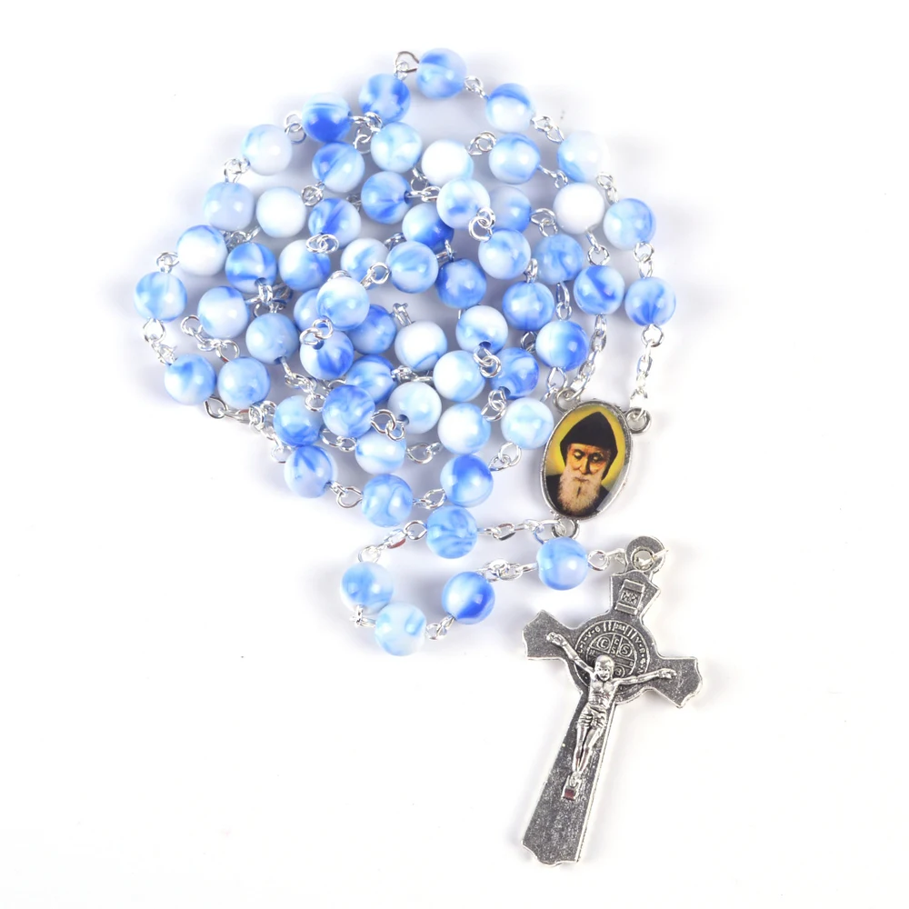 Женский Круглый круглый Розарий St Charbel Center распятие Святого Бенедикта голубые