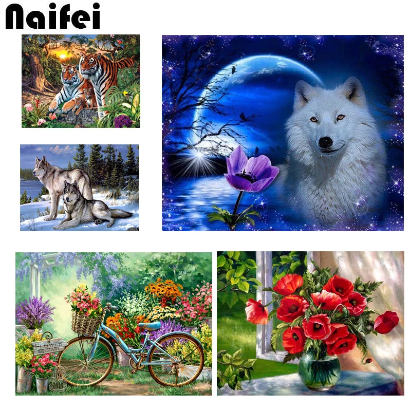 

5D DIY tiger Diamond Painting purple wolf,flowers,bicycle Diamond mosaic Full square/round Diamond Rhinestone Embroidery