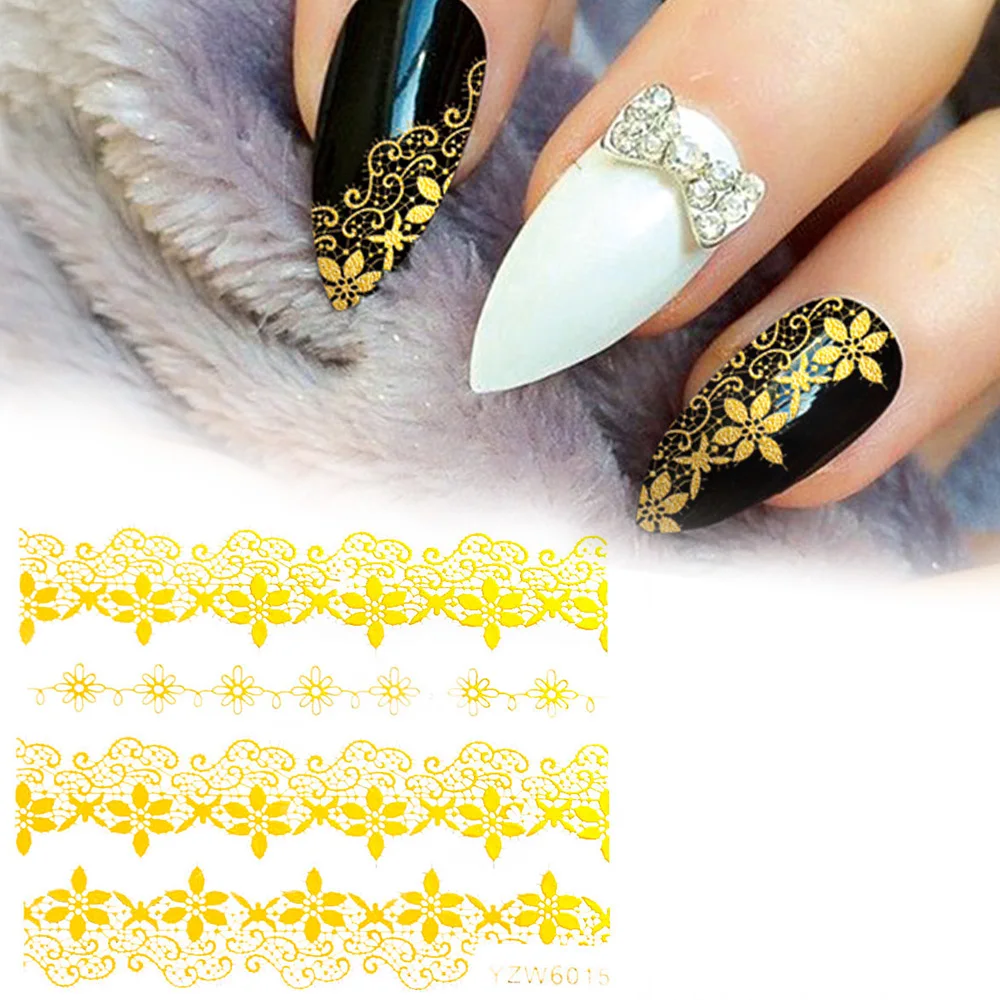 1 упаковка стикеры 3D на ногти Nail Art Наклейки металлические золотые кружевные