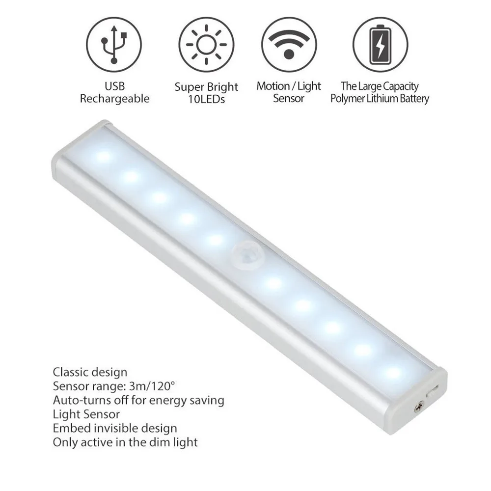 Портативный USB Перезаряжаемые светодиодный свет шкафа с Батарея внутри ПИР