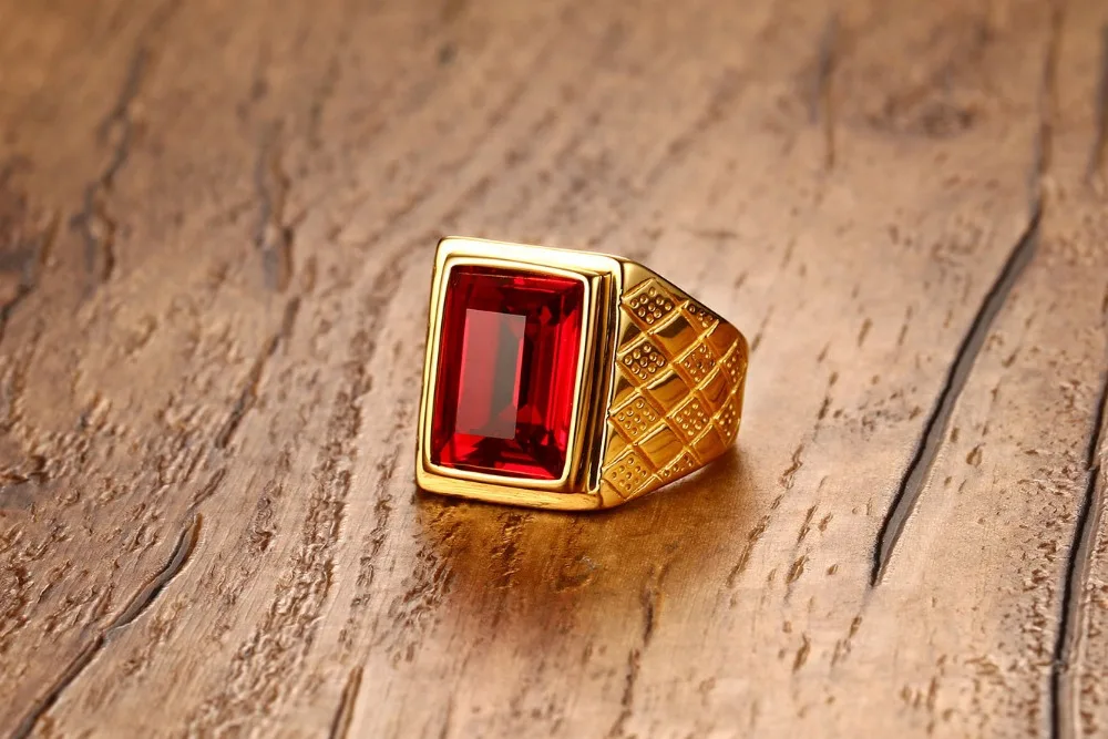 Модное красное блестящее кольцо Стразы золотого цвета мужское праздничное