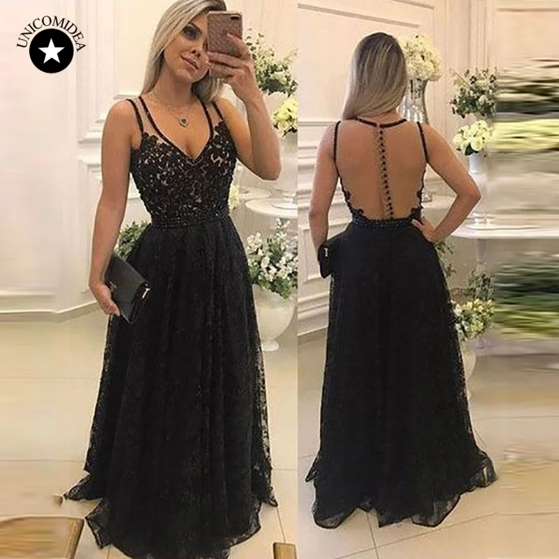 Новое Элегантное Черное Кружевное длинное платье Вечерние открытой спиной