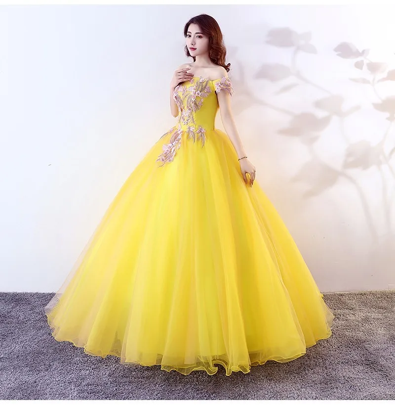 Vestidos De 15 Anos Дешевое вечернее платье с открытыми плечами кружева желтый тюль Принцесса пышные платья для сладких 16 лет