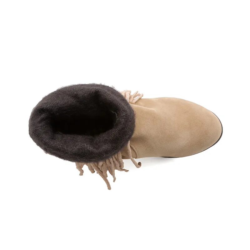 Женские ботинки с бахромой YMECHIC черно-Бежевые из флока бантом-бабочкой на скрытом