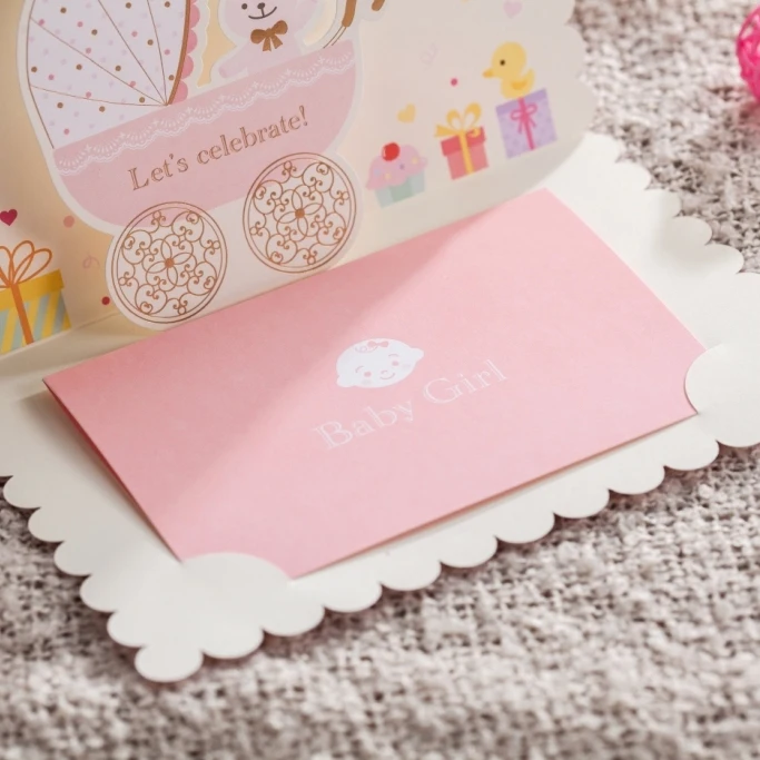 Pink invitations card with ribbon for Baby Girl 3D Card birthday invitation cards CW5301 | Дом и сад