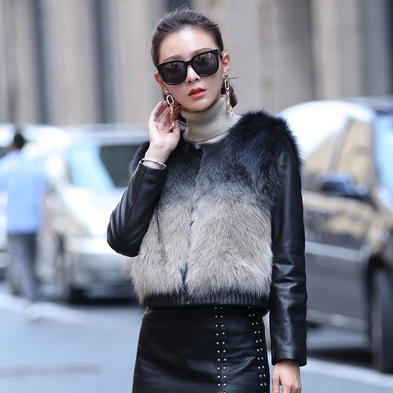 Женская Весенняя куртка из натурального меха с рукавом овечьей кожи натуральным